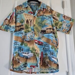 Go Barefoot Hawaiian Short Sleeve Shirt Corvette Woody‎ Jukebox Mens Size Medium